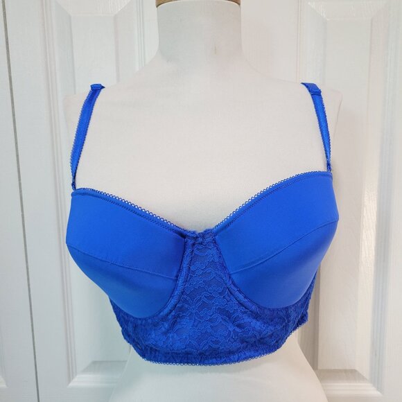 AERIE Bright Blue Bustier Style Thick Band Underwire Bra w/ Boning sz 36D EUC - Picture 1 of 6